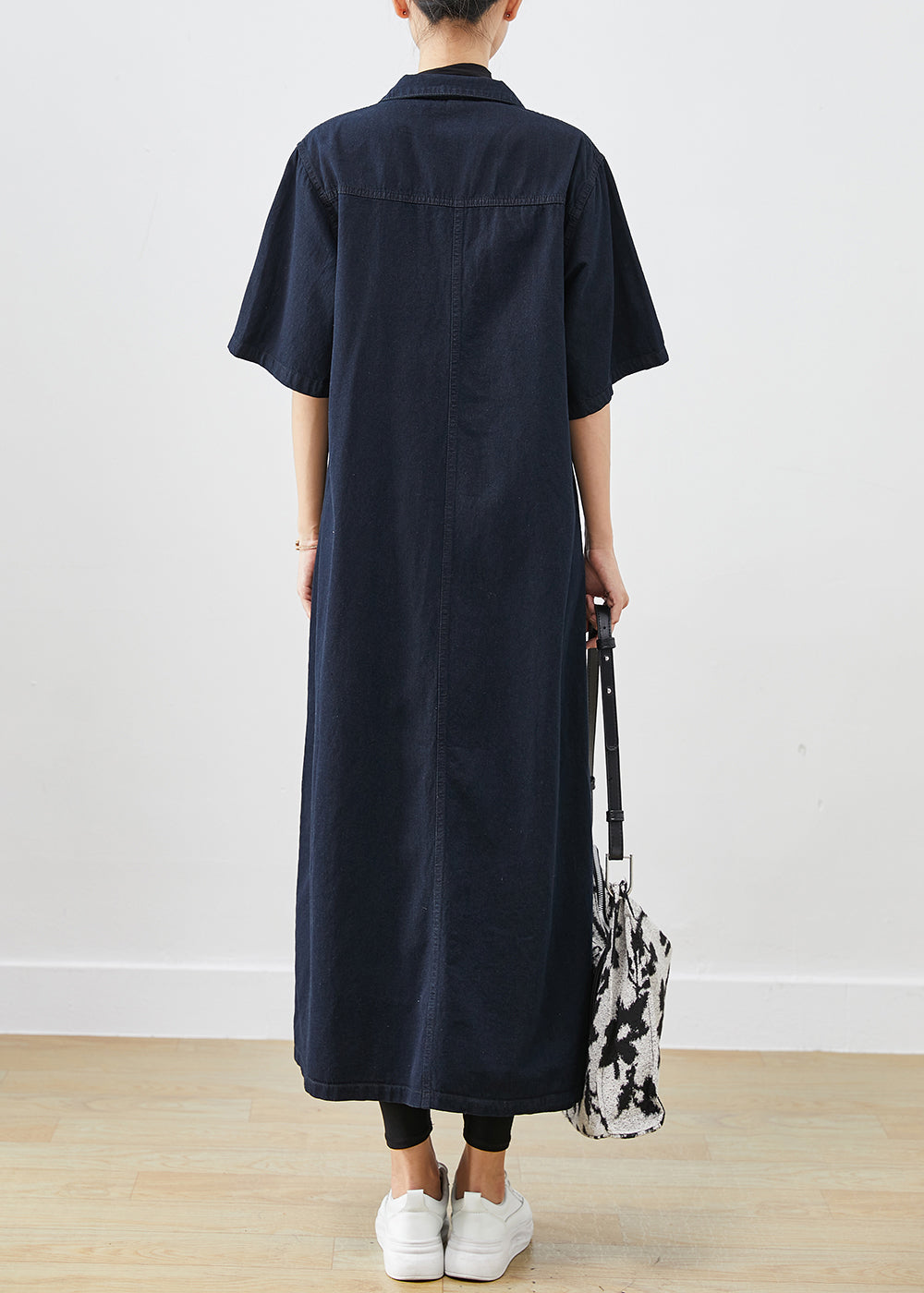 Silm Fit Navy Button Down Cotton a Line Dresses Short Sleeve