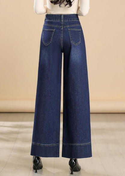Silm Fit Navy Embroidered Denim Wide Leg Pants Summer