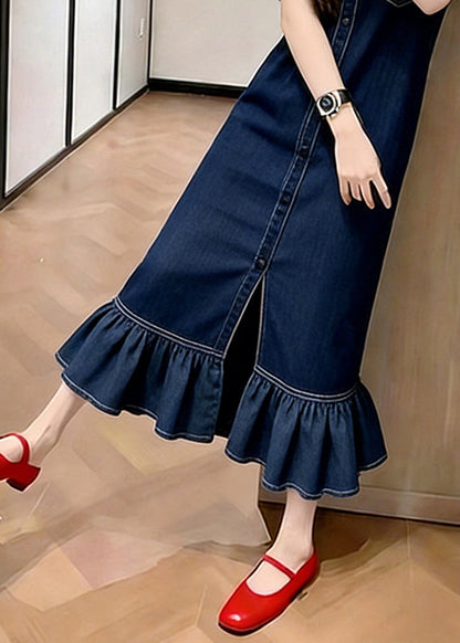 Silm Fit Navy Ruffled Patchwork Denim Maxi Dresses Summer