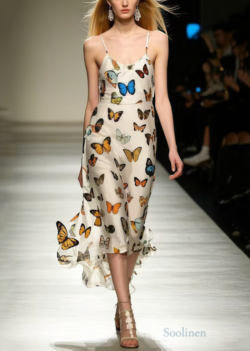 Silm Fit Polychrome Butterfly Chiffon Spaghetti Strap Dress Summer