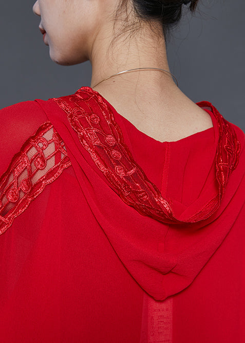 Silm Fit Red Hooded Patchwork Lace Chiffon Robe Dresses Spring
