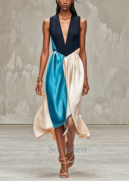 Silm Fit V Neck Patchwork Silk Tea Dresses Summer