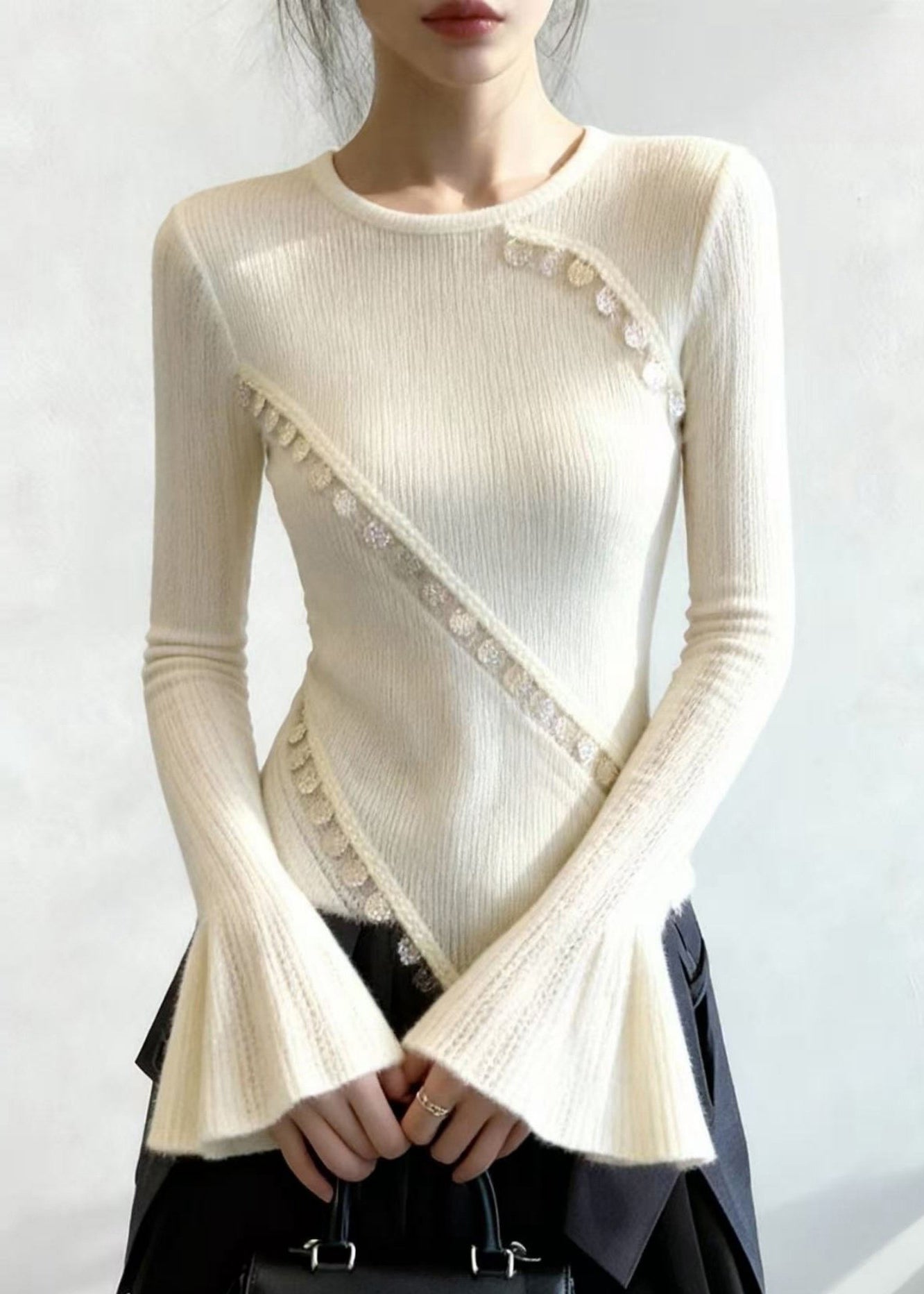 Silm Fit White Asymmetrical Patchwork Lace Knit Tops Flare Sleeve