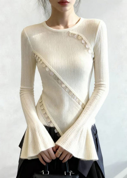 Silm Fit White Asymmetrical Patchwork Lace Knit Tops Flare Sleeve