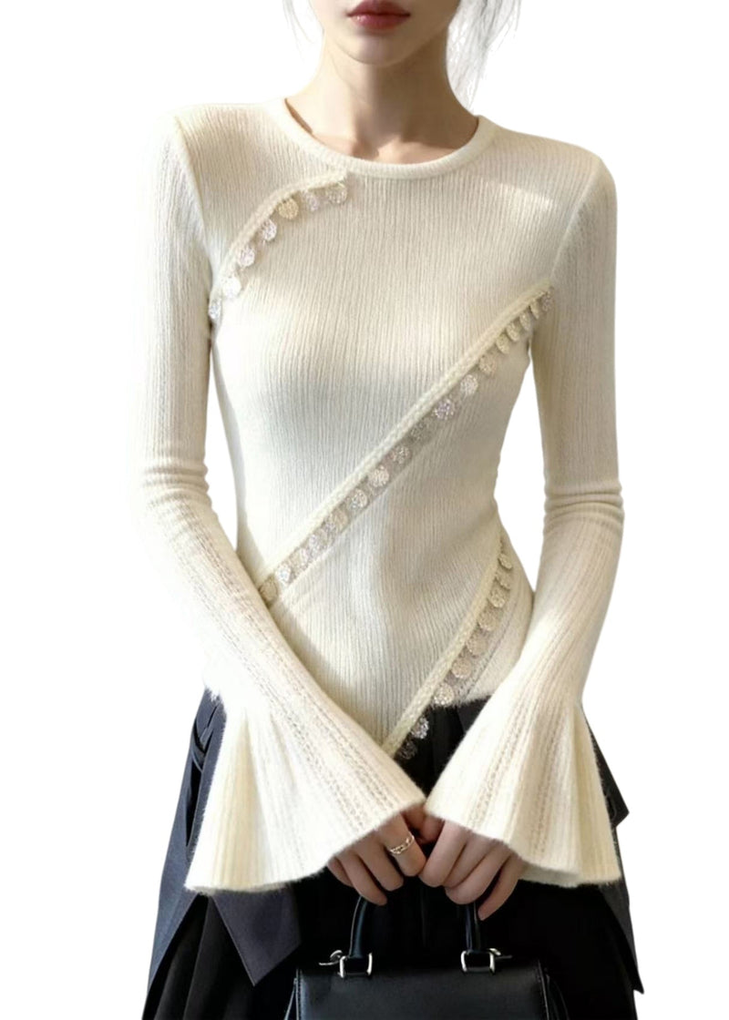 Silm Fit White Asymmetrical Patchwork Lace Knit Tops Flare Sleeve