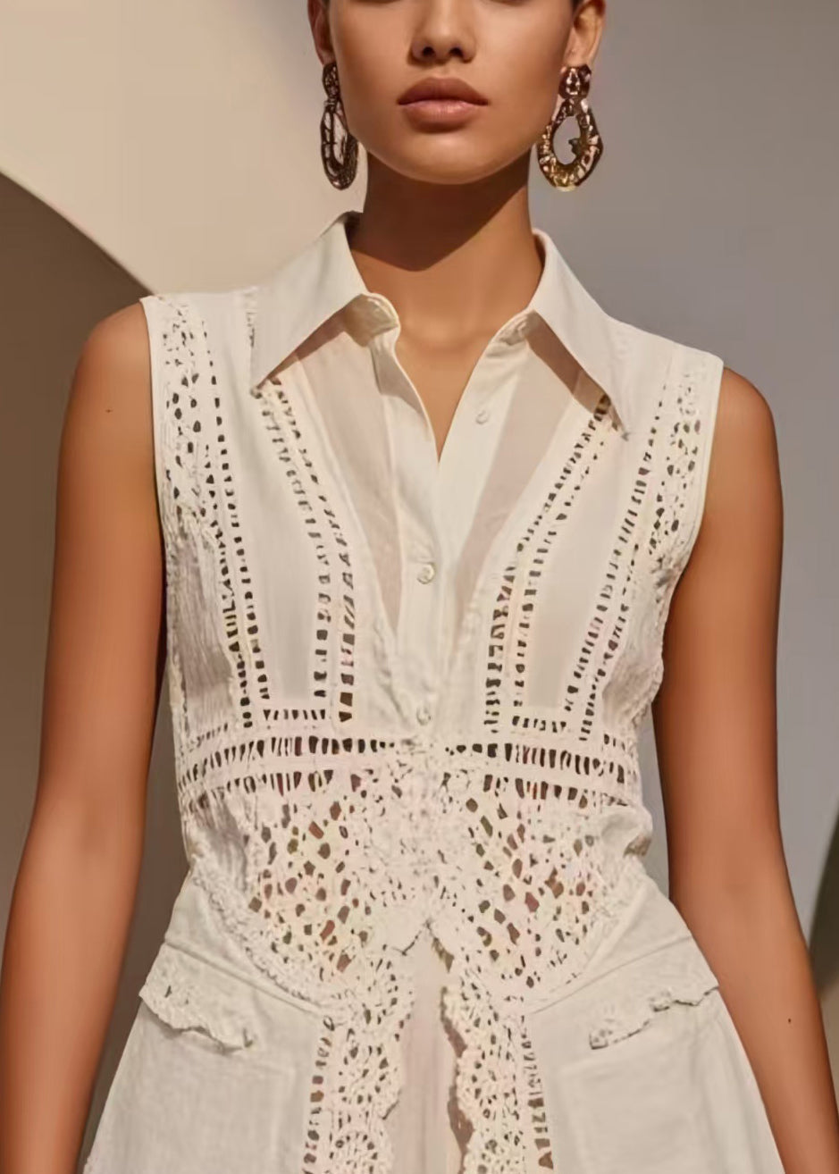 Silm Fit White Hollow Out Side Open Cotton Top Sleeveless