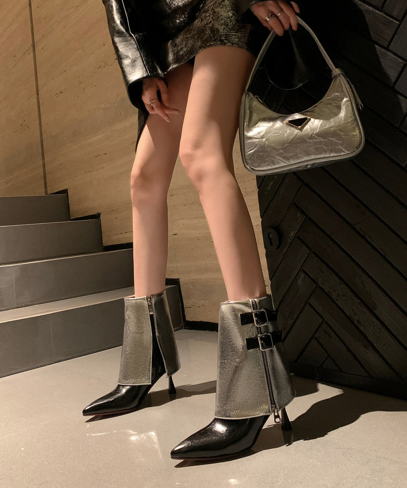 Silver Cowhide Leather Splicing Zippered Stiletto Boots