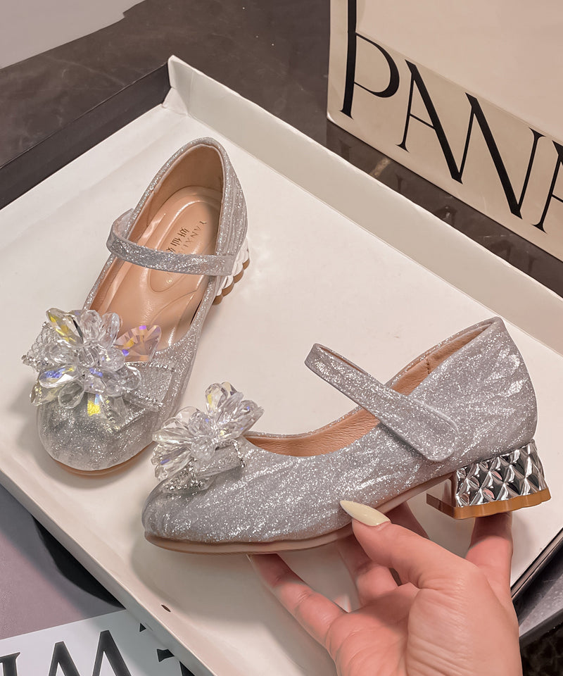 Silver Faux Leather Stylish Crystal Princess Buckle Strap Flats