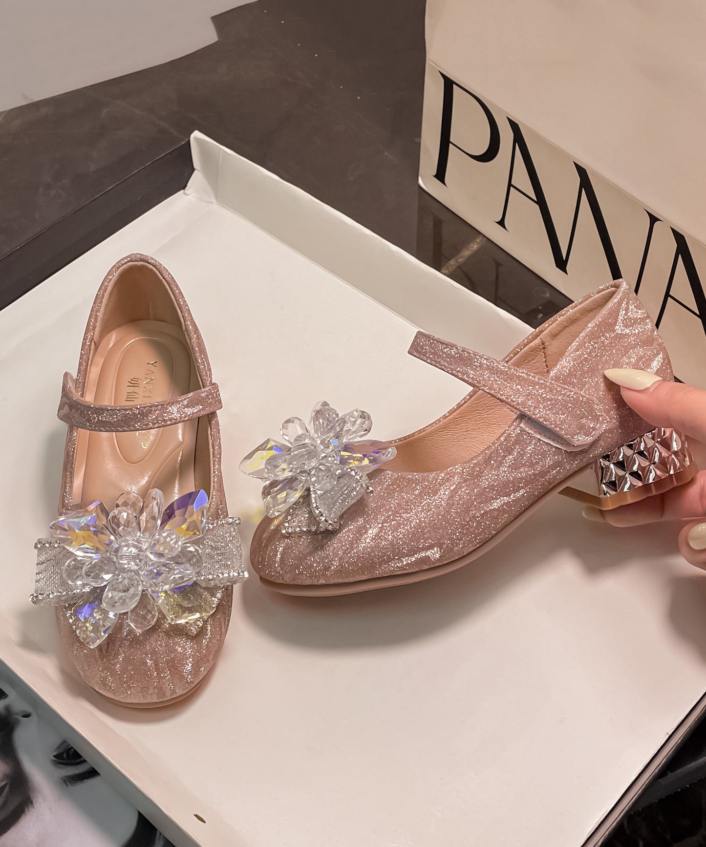 Silver Faux Leather Stylish Crystal Princess Buckle Strap Flats