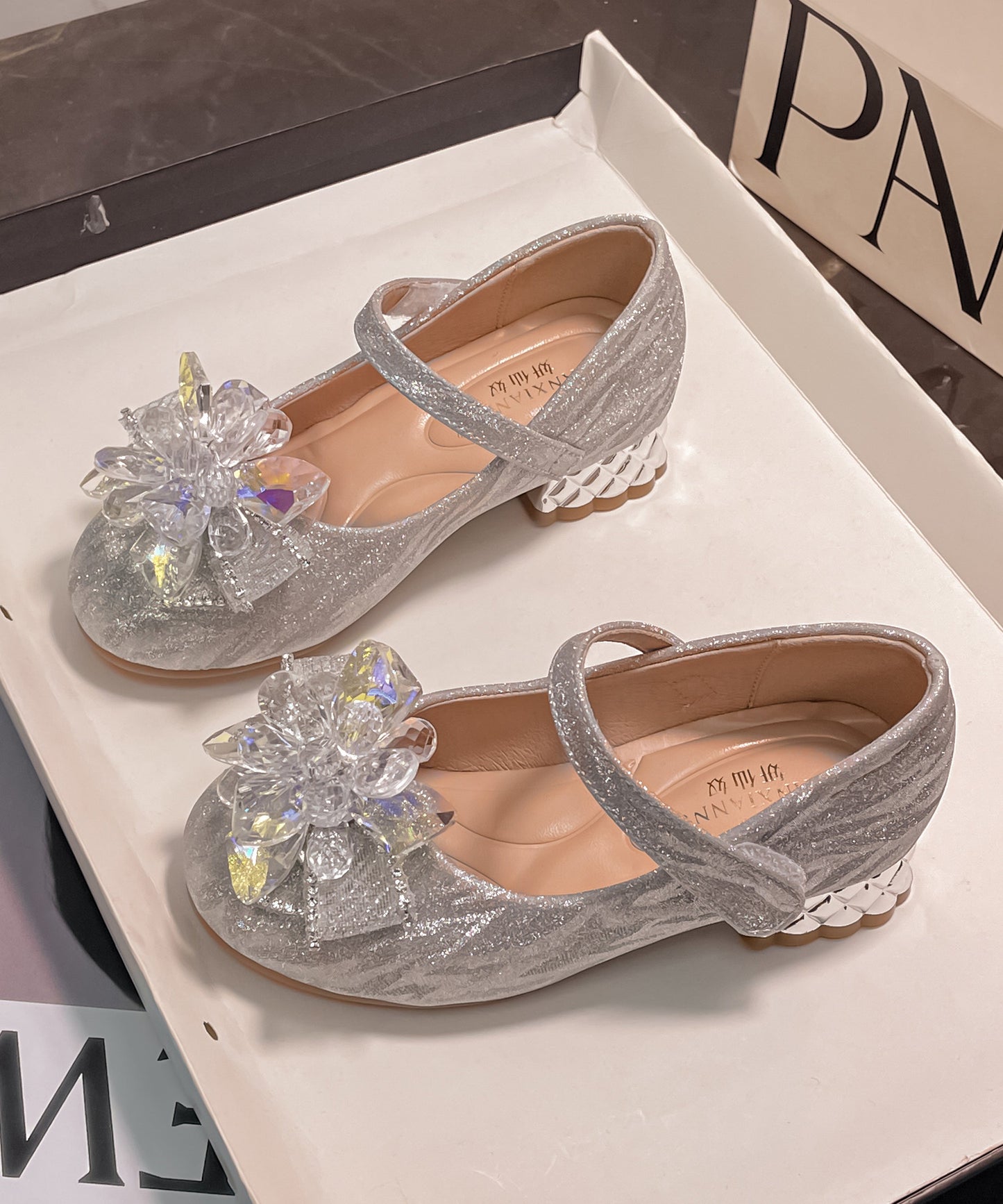 Silver Faux Leather Stylish Crystal Princess Buckle Strap Flats