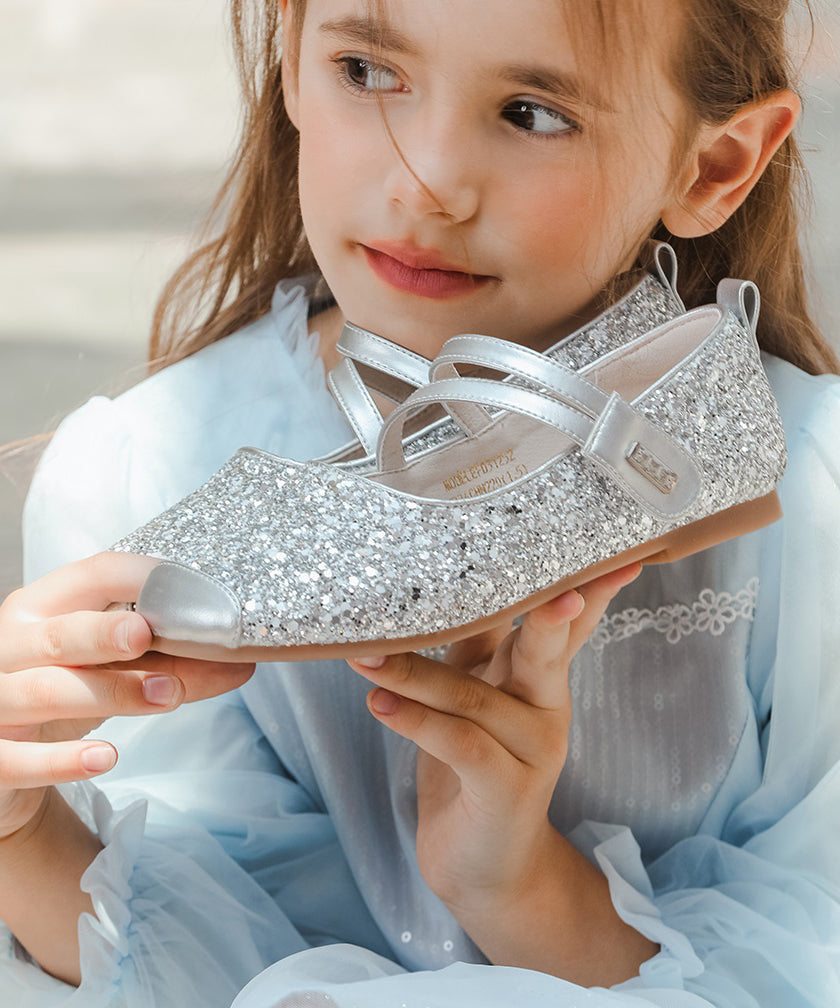 Silver Flat Shoes for Kids Faux Leather Buckle Strap Sequins