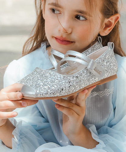 Silver Flat Shoes for Kids Faux Leather Buckle Strap Sequins