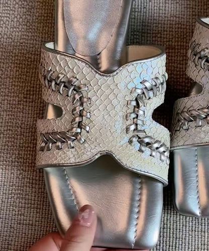 Silver Sheepskin Splicing Slide Sandals Peep Toe