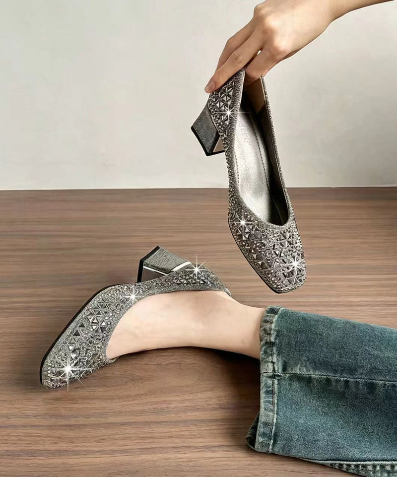 Silvery High Heels Chunky Sparkly High Heels