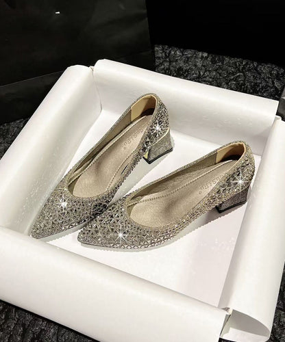 Silvery Sparkly High Heels Chunky Faux Leather Stylish High Heels