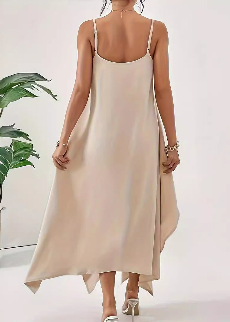 Simple Apricot Asymmetrical Cotton Spaghetti Strap Dress Sleeveless