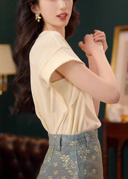 Simple Apricot O Neck Cotton T Shirts Summer