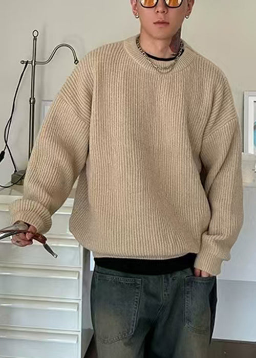 Simple Apricot O Neck Knit Sweaters Spring