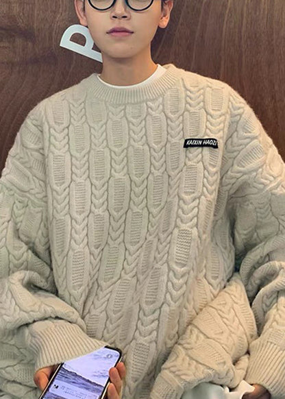 Simple Apricot O Neck Thick Cable Knit Sweaters Fall