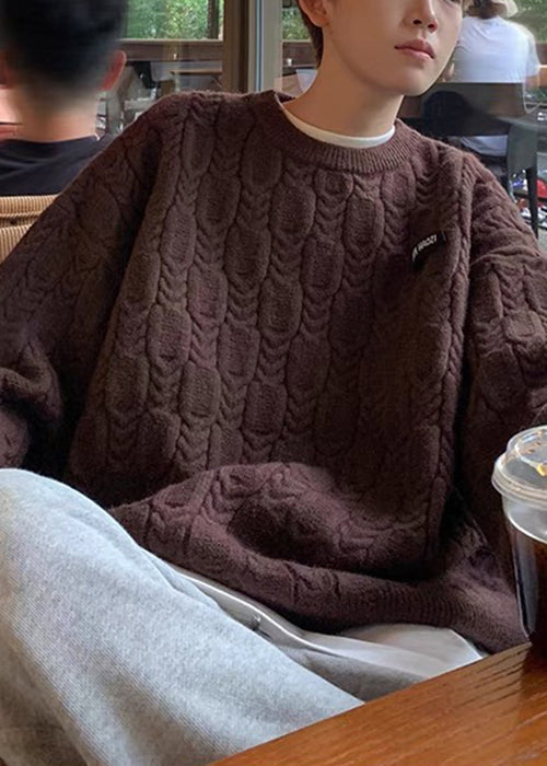 Simple Apricot O Neck Thick Cable Knit Sweaters Fall
