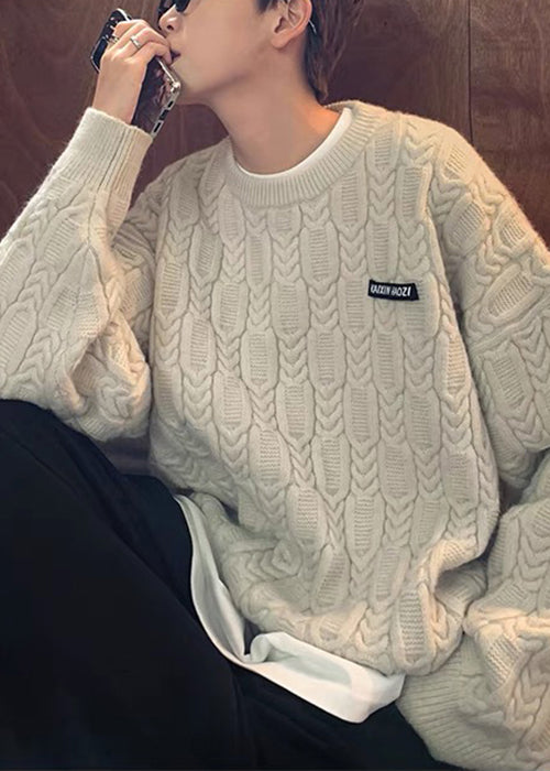 Simple Apricot O Neck Thick Cable Knit Sweaters Fall