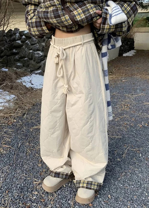 Simple Apricot Plaid Pockets Elastic Waist Pants Winter
