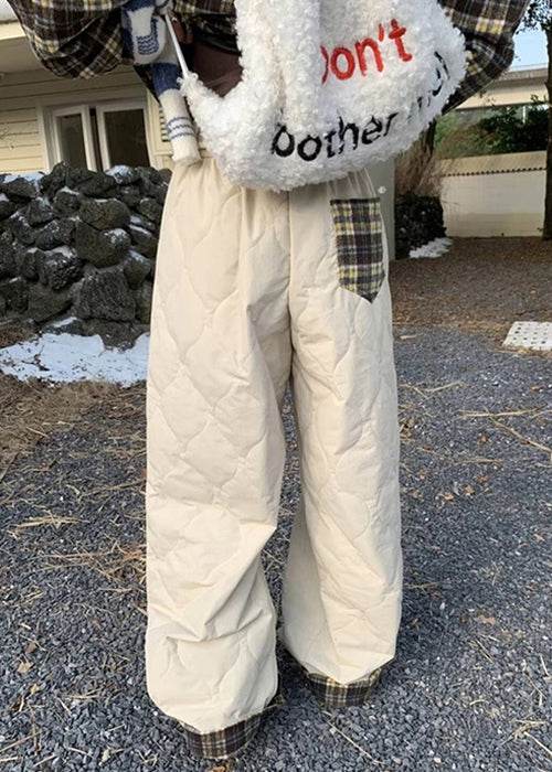 Simple Apricot Plaid Pockets Elastic Waist Pants Winter