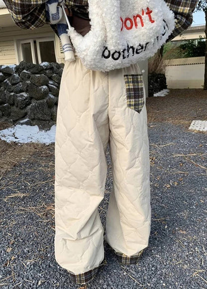 Simple Apricot Plaid Pockets Elastic Waist Pants Winter
