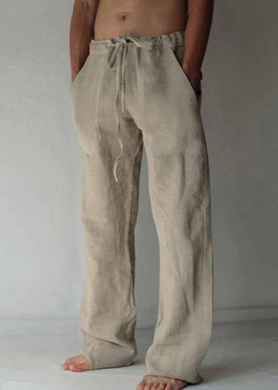 Simple Apricot Pockets Elastic Waist Linen Pants Summer