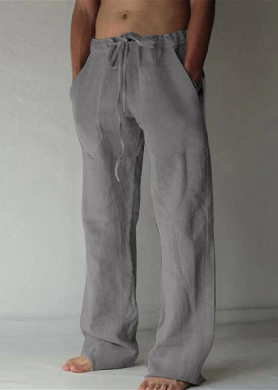 Simple Apricot Pockets Elastic Waist Linen Pants Summer