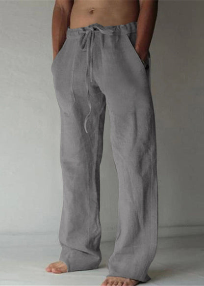 Simple Apricot Pockets Elastic Waist Linen Pants Summer