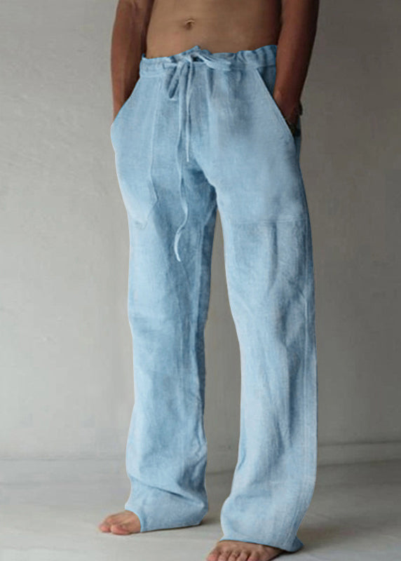 Simple Apricot Pockets Elastic Waist Linen Pants Summer