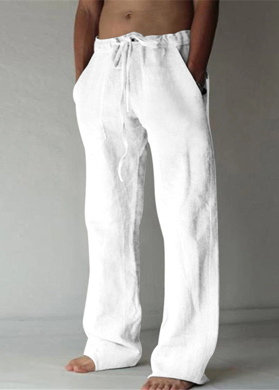 Simple Apricot Pockets Elastic Waist Linen Pants Summer