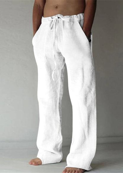 Simple Apricot Pockets Elastic Waist Linen Pants Summer