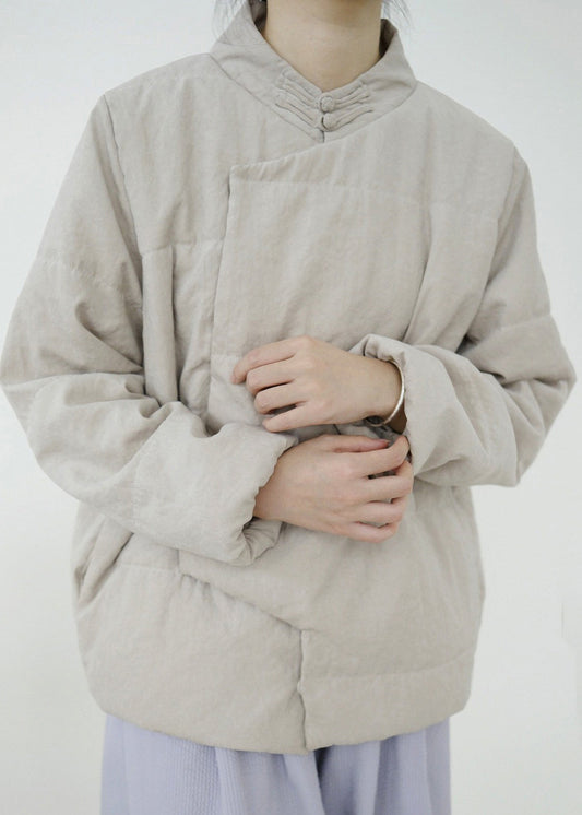 Simple Apricot Stand Collar Button Pockets Fine Cotton Coats Winter