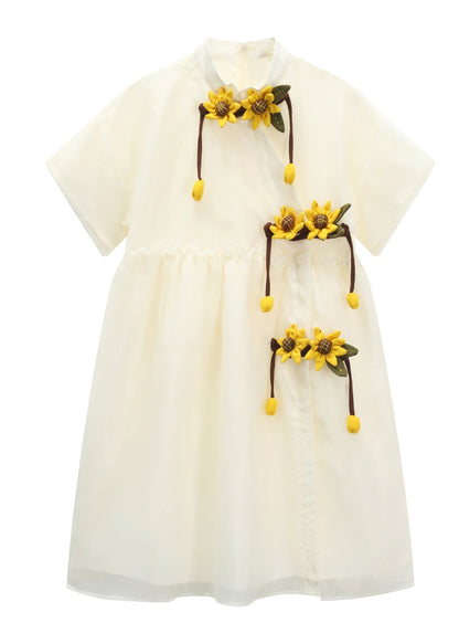 Simple Apricot Stand Collar Daisy Embroideried Wrinkled Organza Patchwork Cotton Dresses Short Sleeve