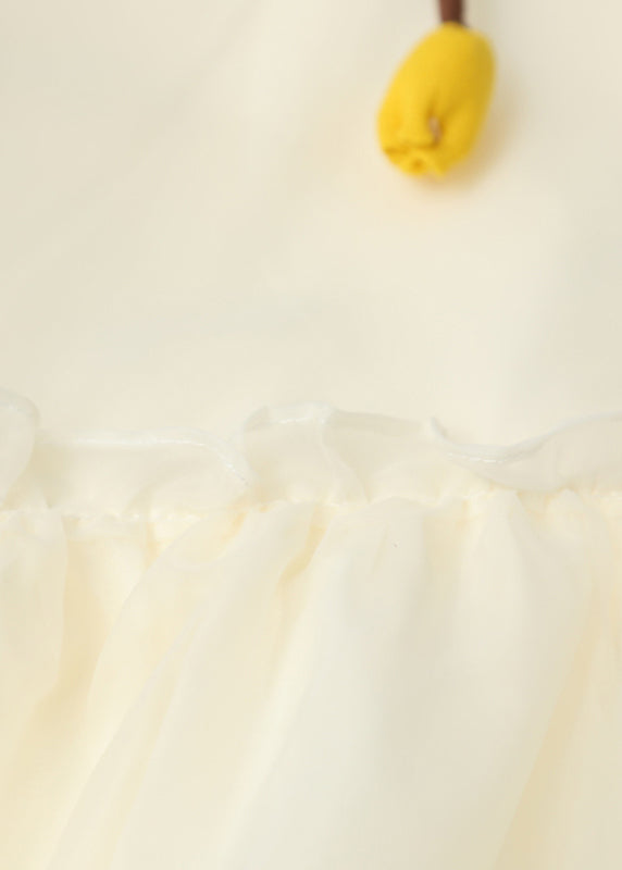 Simple Apricot Stand Collar Daisy Embroideried Wrinkled Organza Patchwork Cotton Dresses Short Sleeve