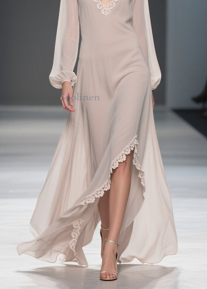 Simple Apricot V Neck Lace Side Open Chiffon Long Dresses Spring