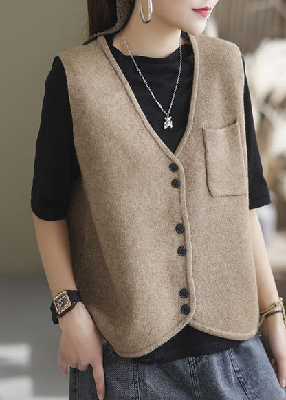 Simple Apricot V Neck Pockets Knit Tank Tops Sleeveless