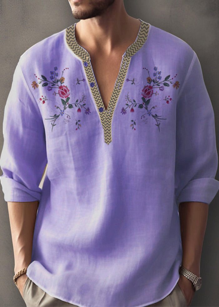 Simple Apricot V Neck Print Cotton Shirt Fall