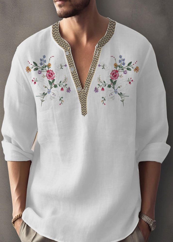 Simple Apricot V Neck Print Cotton Shirt Fall