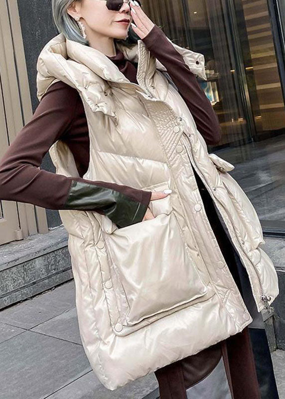 Simple Apricot Hooded Pockets Winter Sleeveless Down Vest