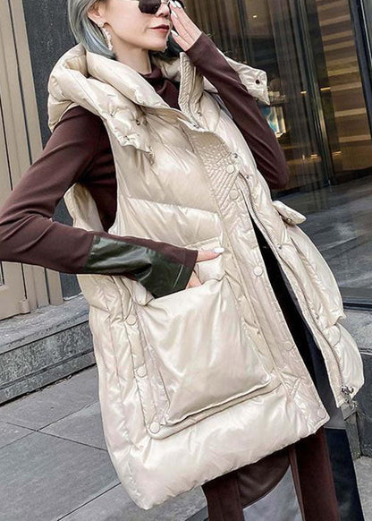 Simple Apricot Hooded Pockets Winter Sleeveless Down Vest