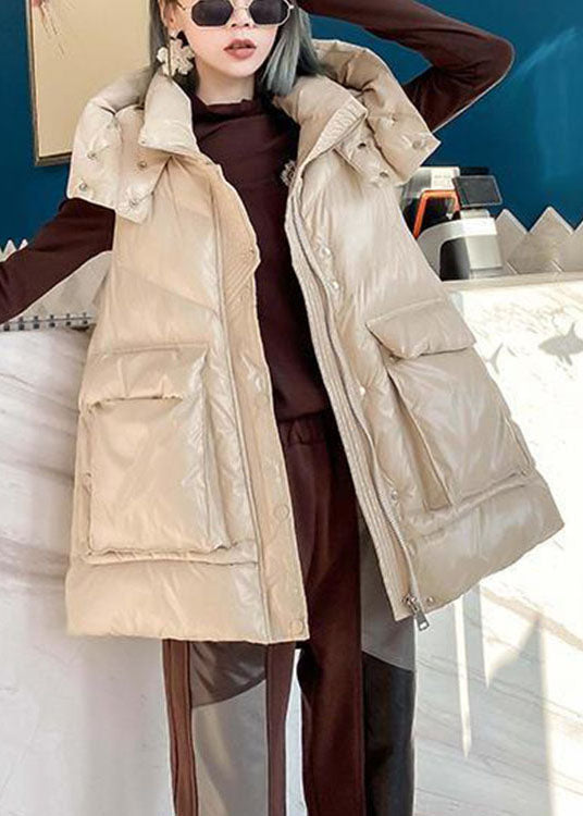 Simple Apricot Hooded Pockets Winter Sleeveless Down Vest