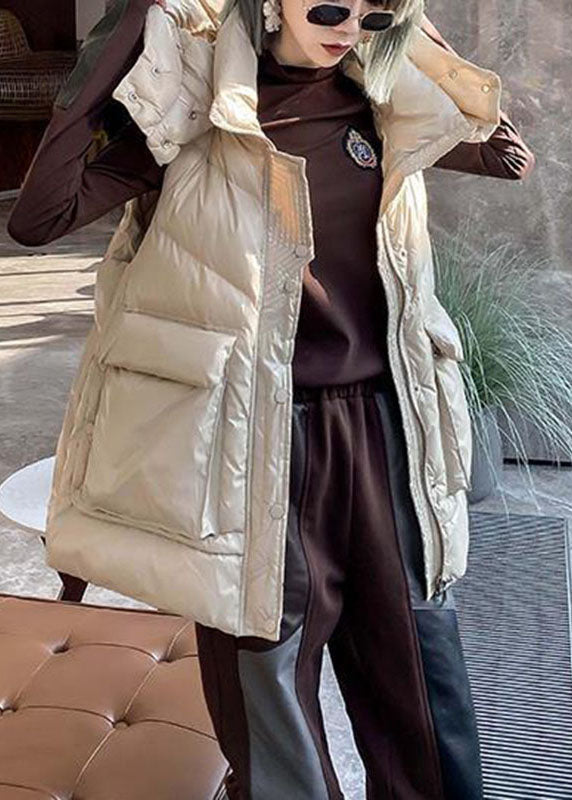 Simple Apricot Hooded Pockets Winter Sleeveless Down Vest