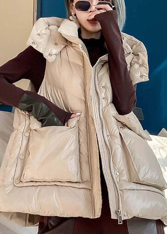 Simple Apricot Hooded Pockets Winter Sleeveless Down Vest