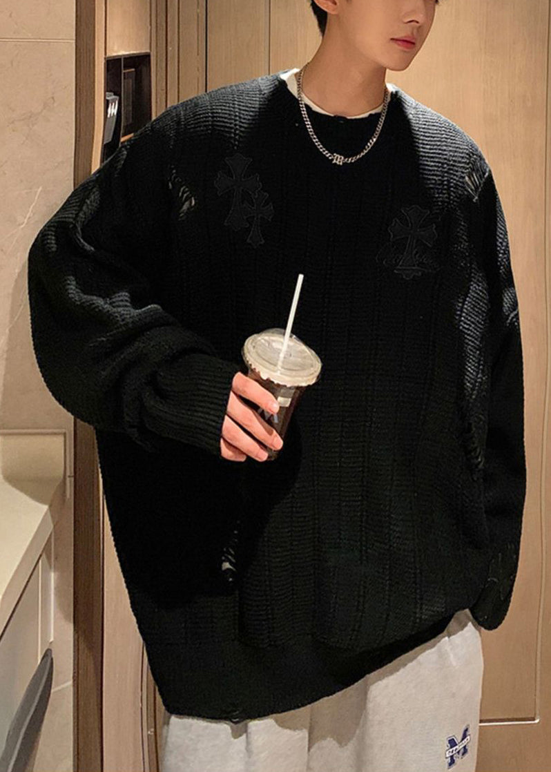 Simple Army Green Embroideried Hollow Out Knit Sweaters Winter