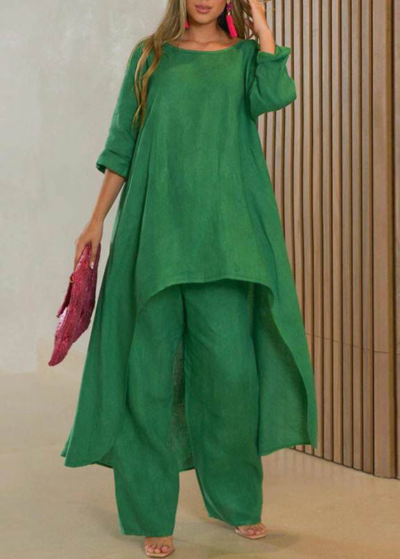 Simple Baby Blue Asymmetrical Patchwork Top and Wide Leg Pants Two Pieces Set Half Sleeve