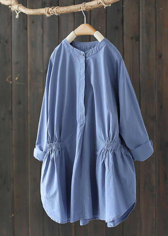 Simple Baby Blue O-neck Wrinkled Button Shirts Long Sleeve