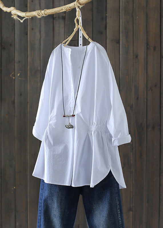 Simple Baby Blue O-neck Wrinkled Button Shirts Long Sleeve